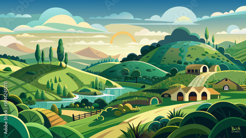 Golden fields meet tranquil streams, while lush meadows stretch toward distant mountains, embodying the peaceful beauty of Matamata, a magical landscape immortalized in film and cherished by visitors 