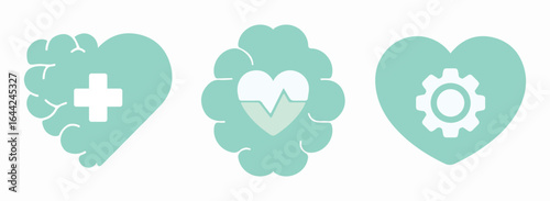 Health, brain, heart, mental health, mind, medicine, cardio, wellness, treatment, hospital, clinic. Intelligence, feelings, emotions, human, love. Set, icon, vector