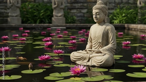 Buddha statue in lotus pond serene meditation scene