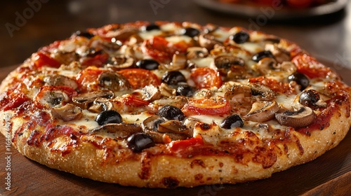 Wallpaper Mural A delicious pizza is served at a bustling restaurant, showcasing a glorious combination of pepperoni, mushrooms, and olives on a golden crust, perfect for a dinner gathering Torontodigital.ca