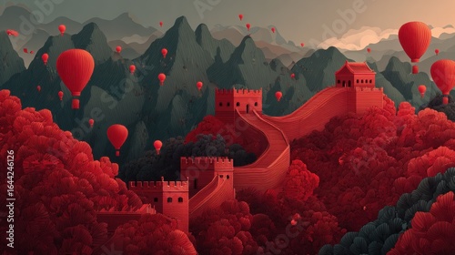 Illustration of the Great Wall with red lanterns, embodying the festive spirit of China National Day.