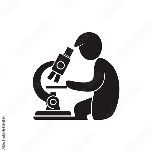 Black and white vector icon of a person using a microscope. Symbolizes scientific research, laboratory work, education, or medical testing. The figure is sitting and closely observing through the micr