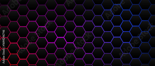 Black hexagon grid pattern on red & blue background, bright light coming from below. Technology, connection and data concept. High resolution full frame abstract and modern background with copy space.