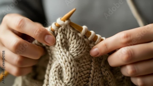 Close Up Hands Knitting Cable Stitch Pattern with Wooden Needles