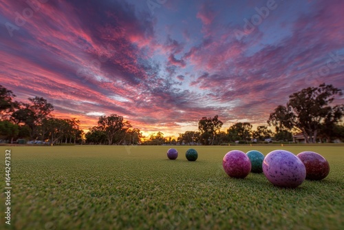 Lawn Bowls Balls in Field at Sunset - Vibrant Colors and Tranquil Scene for Sports Photography.