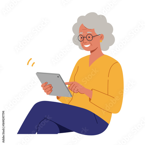 Retiree smiling while using tablet in modern indoor setting  