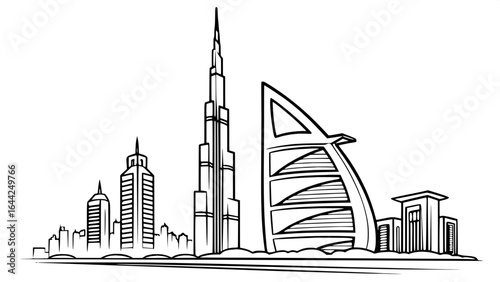 "Linear monochrome cityscape of Dubai with abstract, sharp-edged buildings in various heights, creating a harmonious, modern skyline."