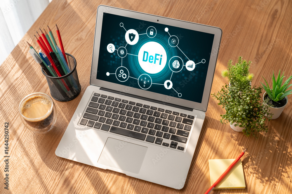 Fototapeta premium Decentralized finance or DeFi concept on modish computer screen . The defi system give new choice of investment and money saving .