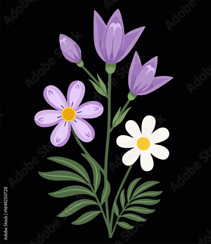 Vector chamomile, bell flower with green 
palm leaf isolated on black background.
Summer print. 
Element of seamless fabric pattern.
Floral fashion ornament for women clothing, 
t-shirt, textile.