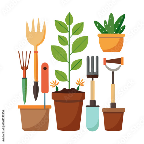 Gardening Tools and Seedlings Vector Illustration Isolated on White Background