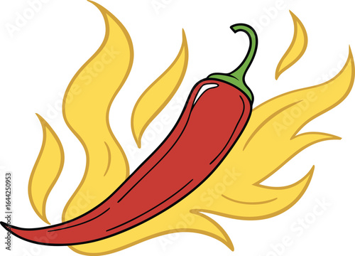 Spicy red chili pepper ablaze surrounded by fiery flames art, vector illustration