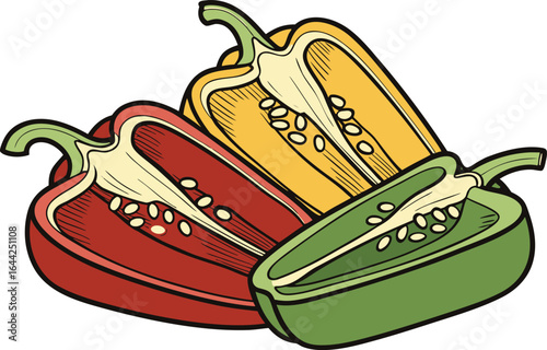 Fresh pepper halves red yellow and green colors stacked together, vector illustration