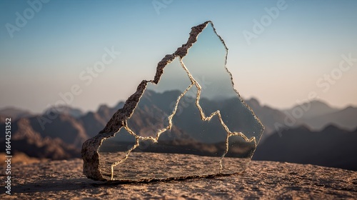 Broken mirror reflecting distant mountains.