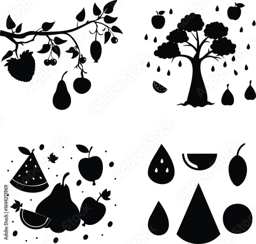Vector art of silhouette of fruit trees with apples, pears, and watermelons isolated on white background for graphic design elements, icons, and decorative artworks