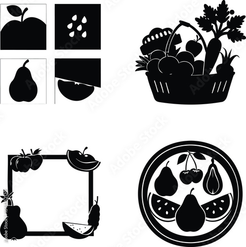 Illustration of fresh vegetables and fruits in various designs isolated on white background, showcasing healthy eating, organic produce and the beauty of natures bounty