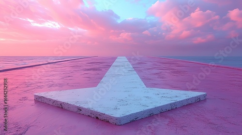 Pink sky arrow-shaped platform wide angle 3D render, dreamy seascape surreal cinematic lighting for wallpapers, film posters