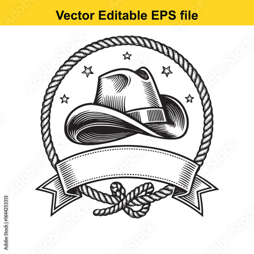 Western cowboy hat emblem with rope isolated on white background