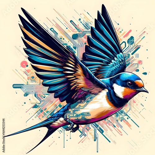 제비, 사이버펑크 스타일 일러스트, jpeg (Barn swallow, Cyberpunk Style Illustration, jpeg)