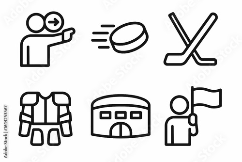 Black hockey icon set with 6 coaching and fan symbols on white background. Perfect for sports branding, club promotions, and tournament materials