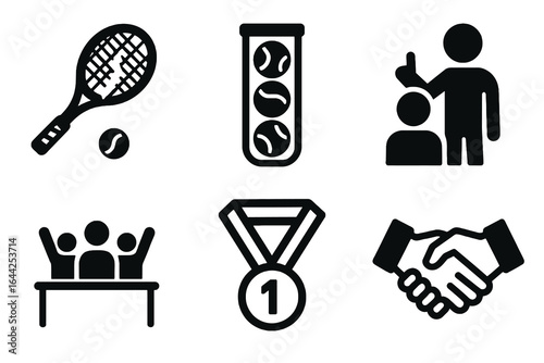 Set of 6 black vector ping pong icons on white background, featuring coaching, awards, and fair play elements. Ideal for sports apps, competition posters, and indoor game designs