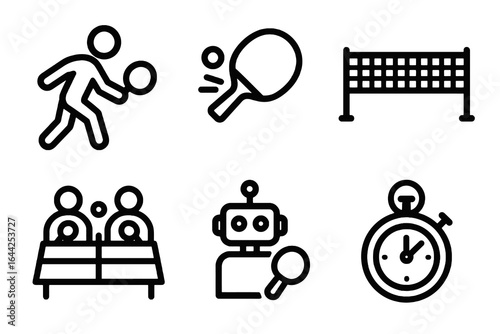 Set of 6 black vector ping pong icons on white background, featuring players, equipment, and timing tools. Ideal for sports apps, tournament designs, and recreation projects