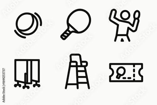 Set of 6 black vector ping pong icons on white background, featuring players, gear, and event elements. Ideal for sports apps, competition posters, and club materials