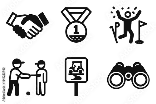 Set of 6 black vector golf icons on white background, featuring awards, celebrations, and training elements. Ideal for sports apps, event posters, and recreation materials