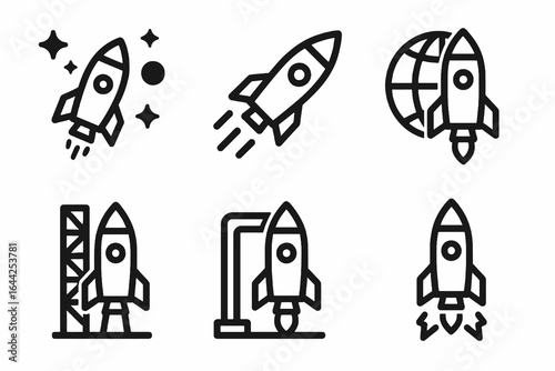 Set of 6 black vector rocket icons on white background, featuring space travel, docking, and landings. Ideal for technology, research, and exploration graphics
