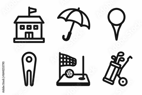 Set of 6 black vector golf icons on white background, featuring clubhouse, tools, and practice areas. Ideal for sports apps, club guides, and tournaments