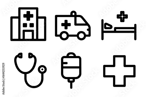 Set of 6 black vector hospital icons, including building, equipment, and emergency items. Ideal for health services and medical branding