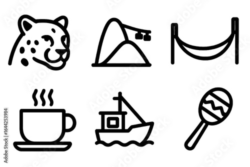 Set of 6 black vector Brazil icons, including wildlife, landmarks, and lifestyle elements. Ideal for cultural, travel, and adventure resources

