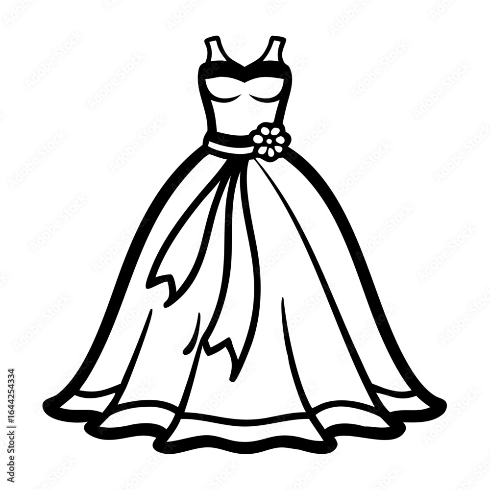 Fototapeta premium Elegant wedding dress with train and floral detail in outline style 