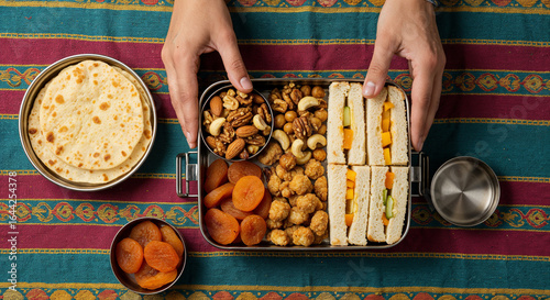 cropped view of lunch box with nuts, dried apricots and sandwiches in woman hands