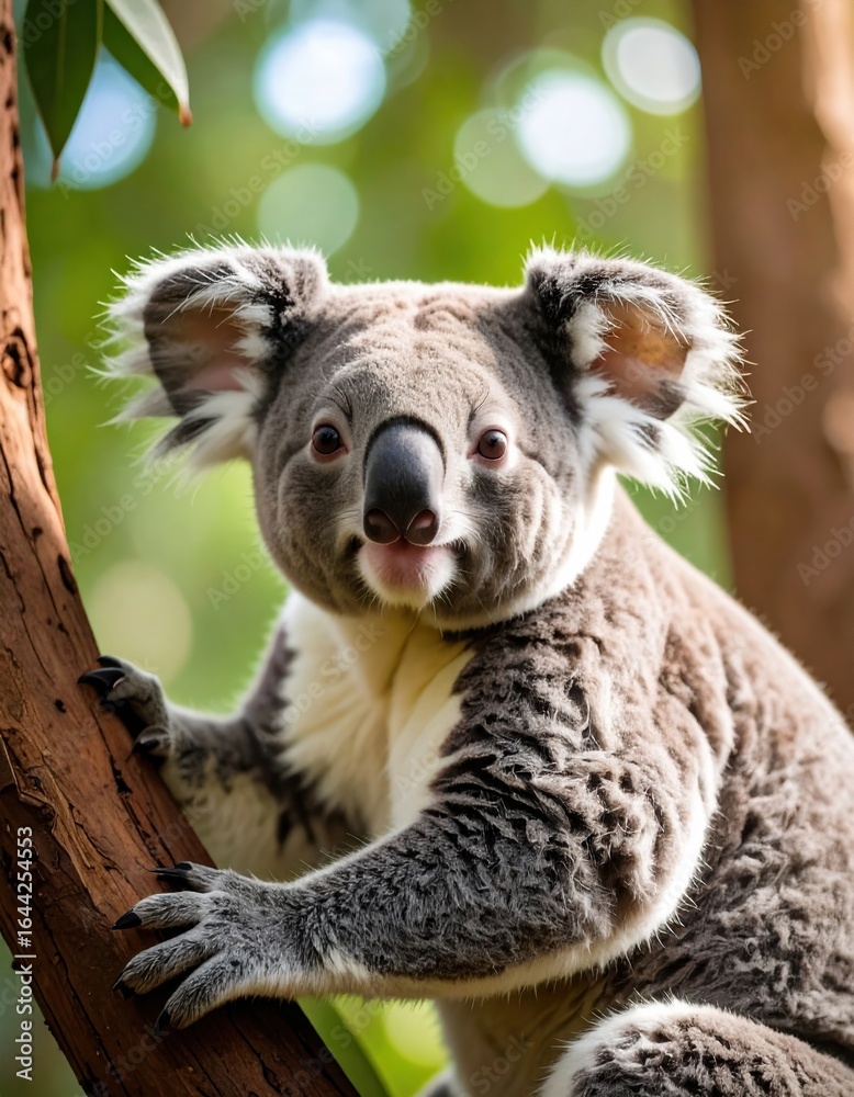 Naklejka premium Close-up of koala on tree with lush greenery in the background