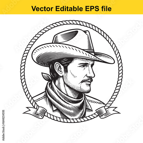 Cowboy portrait in profile wearing a hat and bandana, framed by a rope and banner, isolated on white background