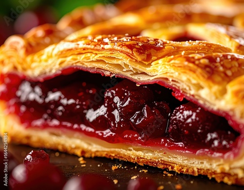 Close-up of cherry pie slice with flaky crust and juicy filling