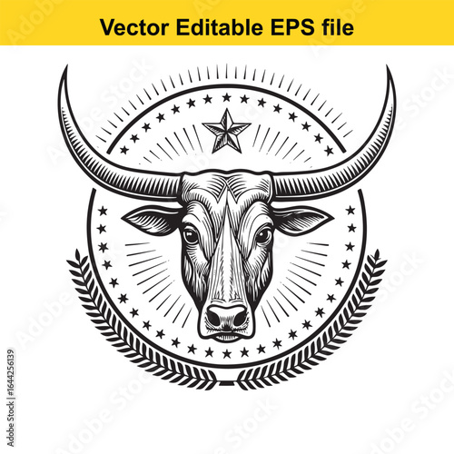 Bull head with long horns and laurel wreath, isolated on white background