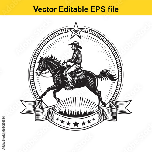 Cowboy riding a horse with star and circle, isolated on white background