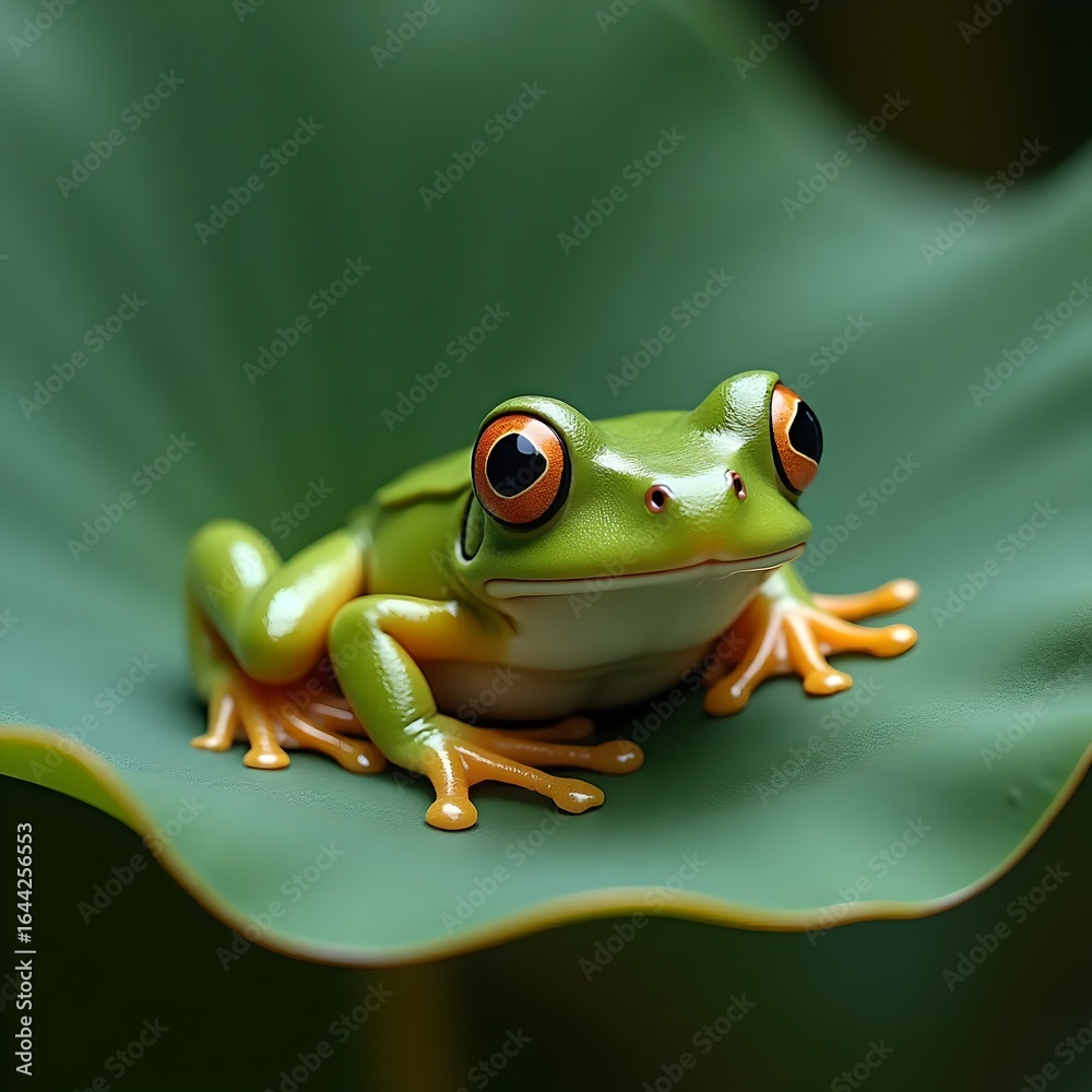 Obraz premium Cute Green Frog Sitting on Lotus Leaf with Adorable Smile in Pon