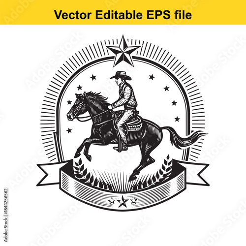 Cowboy riding a horse with star and circle, isolated on white background