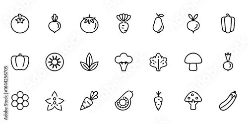 Organic Garden Vegetables Icon Pack – Minimalist Line Art Tomato, Carrot, Leafy Greens, Peas, Pumpkin, Corn, Garlic, Eggplant, and Eco-Friendly Produce – Farm-to-Table Vector Icons