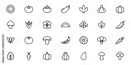 Seasonal Vegetables Icon Pack – Minimalist Line Art Spring, Summer, Autumn, Winter Produce Including Peas, Tomatoes, Pumpkins, Cabbage, Carrots, and Greens – Sustainable Eating Vector Icons