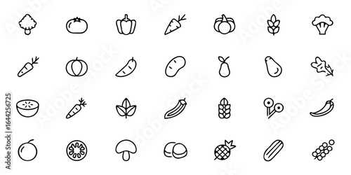 Fresh Vegetables Icon Bundle – Minimalist Line Art Carrot, Tomato, Broccoli, Lettuce, Cucumber, Bell Pepper, Onion, Garlic, Potato, Spinach, and More – Healthy Eating & Grocery Vector Icons