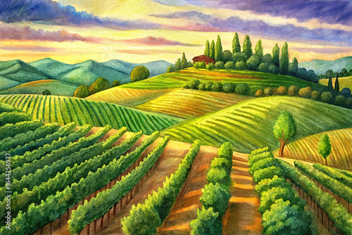 Rolling vineyard hills under summer sunlight, green grapevines, rural charm, wine country beauty landscape