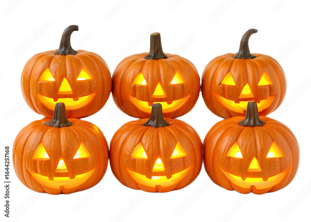 Fototapeta premium A group of six jack o lanterns with glowing faces arranged in two rows on a black background