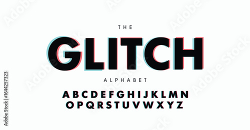 Absatract glitch font. Trendy style lettering typeface. Latin letters from A to Z and numbers from 0 to 9. Green and red channels.
