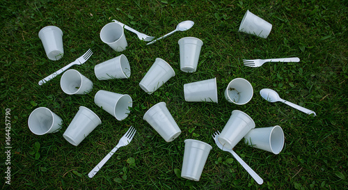 Top view of disposable plastic cups, forks, and spoons partially submerged in a shallow pool of water on a green-colored patio during a rainy evening.