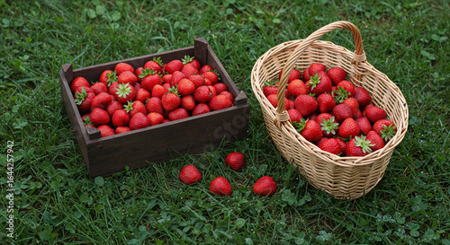 top view of raw strawberries in wooden box and wicker basket on grass