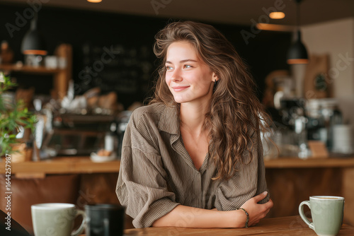 happy brunette woman sitting at a table in a cafe