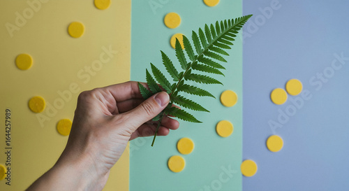 cropped view of make hand holding fern leaf on colorful paper with circles